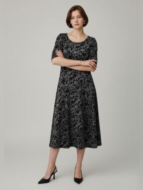 Classic Lands' End Gray and Black Velvet Flocked Floral Dress Womens Size Medium